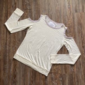 Lounge Lover Cream & Lavender Trim Cold Shoulder Long Sleeve 100% Linen Top